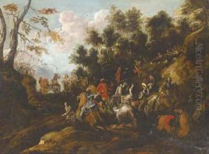 A military skirmish in a wooded pass by Joachim Faber