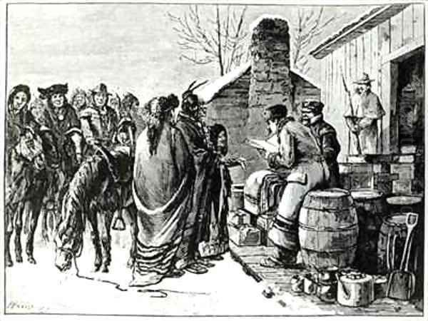 Reservation Indians receving rations from government agents - view 1