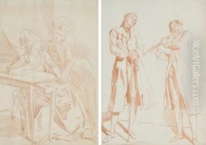 Jeune Femme Au Chapeau; Jeune
Femme Assise; Deux Femmes Assises Pres D'une Table; Et Deux Hommes Dont
L'un Jouant De La Flute Traversiere by Louis Rolland Trinquesse