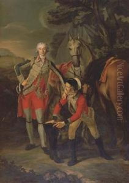 Portrait Of Charles Grant,
Vicomte De Vaux, In Uniform As A Lieutenant Colonel Of The Garde Du Roi,
Attended By His Groom With Their Horses, A Fortress Beyond - view 1