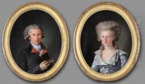 Portrait Of A Young Woman, Half-length, Wearing A Blue Satin Dress;
Portrait Of A Young Man, Half Length, Holding A Book And Wearing Brown Jacket by Louis Rolland Trinquesse