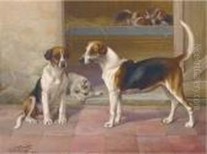 Bashful And Freedom, Two Hounds Before A Kennel by William Henry Hamilton Trood