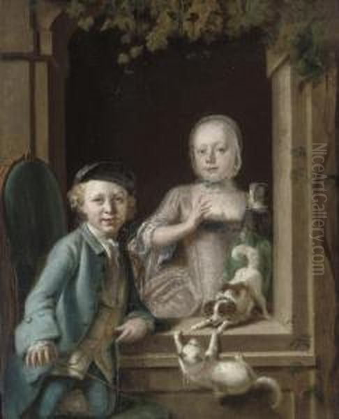 A Boy And A Girl At A Window, With A Cat And A Dog - view 1