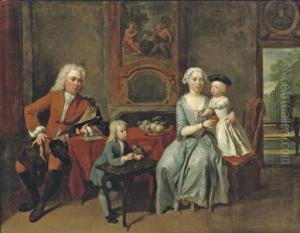 A Family Portrait Of A 
Gentleman, His Wife Handing An Apple To The Daughter And Their Son 
Feeding A Parrot, All In An Interior, A Park Beyond - view 1