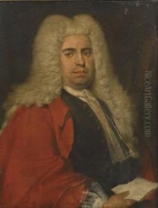 Portrait Of A Gentleman, 
Half-length, In A Red Coat Over A Grey Waistcoat And White Jabot, 
Holding A Letter