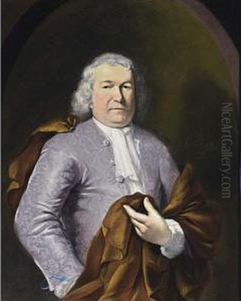 A Portrait Of A Gentleman, 
Standing Half Length, Wearing A Grey Satin Waistcoat With White Chemise 
And A Red Cloak - view 1