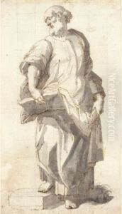 Study Of An Evangelist, Standing With An Open Book Supported On His Right Knee by Giovanni Battista (Il Malosso) Trotti