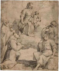The Virgin And Child In Glory
With St. Francis, St. Agnes, A Pilgrim Saint And A Bishop Saint by Giovanni Battista (Il Malosso) Trotti