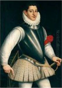 Portrait Of A Gentleman,
Three-quarter Length Standing, Wearing Armour And A Ruff, A Red Ribbon
Tied To His Left Arm by Giovanni Battista (Il Malosso) Trotti