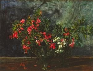 A Still Life With Red And White Flowers In A Ceramic Vase