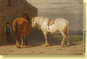 Les Chevaux Attendant Le Marechal Ferrant by Charles Philogene Tschaggeny