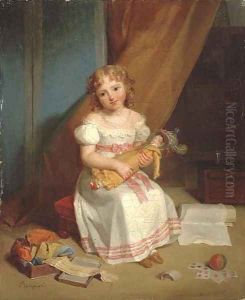 Portrait of a young girl, full-length, in a nursery holding a doll with cards, a ball, and ribbons