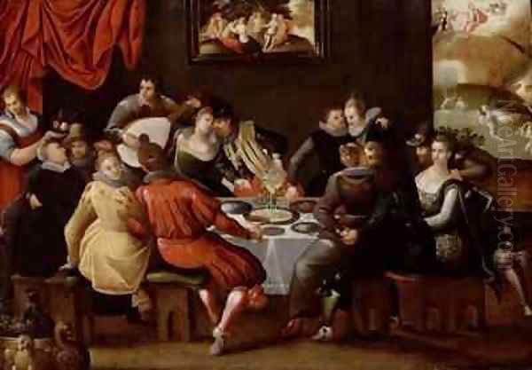 Elegant Figures Feasting and Disporting at a Table with the Last Judgement in the Background - view 1