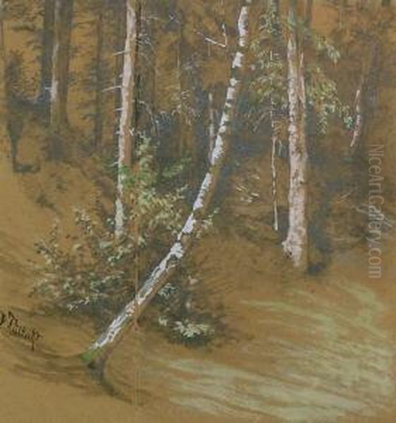 Birkenwaldchen. Deckfarben Und
Bleistift Auf Beigem Karton Auf Grauem Karton Aufgezogen. 32,5 X 30 Cm.
Signiert. - view 1