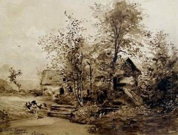 Muhle Bei Goldmuhl Im
Fichtelgebirge. Sepiazeichnung Auf Karton, Ruckseitig Mit Zeichnung. 22 X
29 Cm. Links Unten Signiert Und Bezeichnet. - view 1