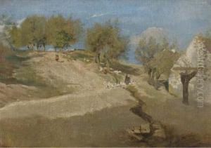 Am Brauberg Im Hopfgarten: Figures With Geese On A Sunlithill by Paul Wilhelm Tubbecke