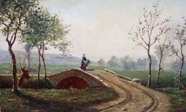 Weite Landschaft Bei Weimar, Mit Steinbrucke Uber Die Eine Frau Mit Tragkorb Geht - view 1
