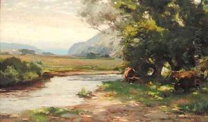Highland cattle in a sunlit river landscape by David Farquharson