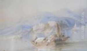 Alpine Lake Scene With Boats by Edward Tucker