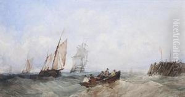 Fishermen In A Rowing Boat, Before Three Fishing Boats In A Choppy Sea - view 1