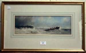 Figures In A Rowing Boat On Choppy Waters Near A Harbour Wall by Edward Tucker