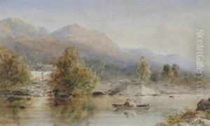 Boating On A River In A Mountainous Landscape by Edward Tucker