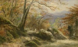 Lakeland Stream With Fisherman And A Companion View by Edward Tucker