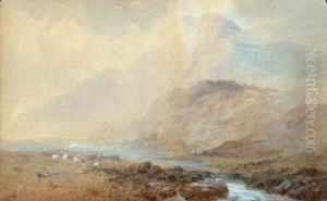 Sheep By A River In A Lakeland Landscape by Edward Tucker