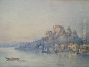 19th Century- Fishing Vessels 
Off A European Town With A Castle On A Mountaintop; 
Watercolour,25.5x37cm