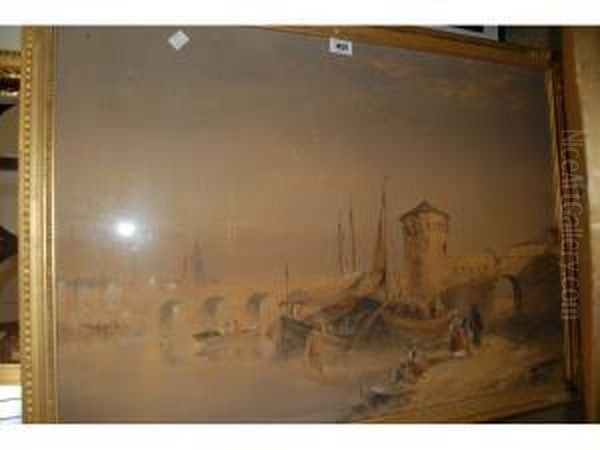 Continental City River Scene With Figures - view 1