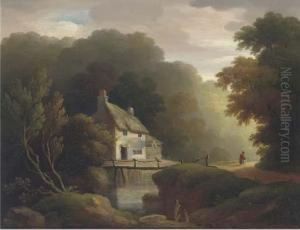 Near Exeter; And Figure By A Cottage In A Woodland Landscape by John Wallace Tucker