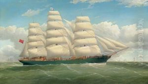 The Three-masted Clipper Ship
England's Glory With A Lighthouse And Other Shipping In The Distance by Frederick Tudgay