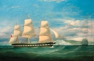The Blackwall Frigate Nile In Two Positions Off The White Cliffs Ofdover by Frederick Tudgay
