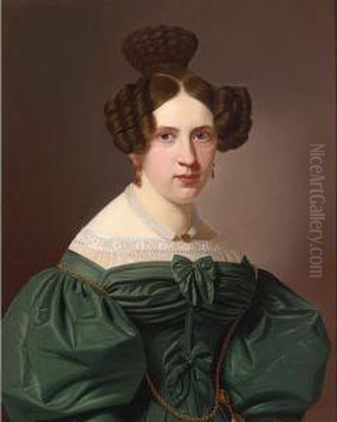 A Portrait Of Emilie Feustell, Depicted Half Length Wearing A Green Lace Lined Dress - view 1