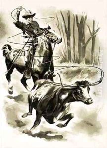 A cowboy ropes a steer from horseback with a lasso by Henry Charles Fox
