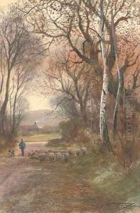 A shepherd and his flock wandering down a rural lane