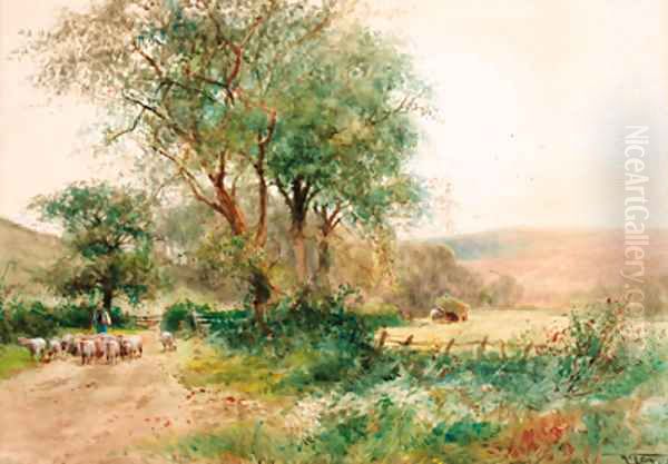 A shepherd driving sheep down a country lane with the harvesters beyond - view 1