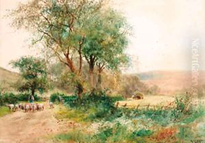 A shepherd driving sheep down a country lane with the harvesters beyond