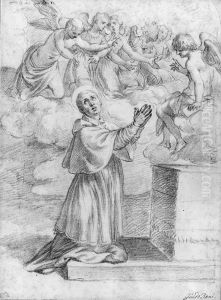 A Bishop Saint Praying At An Altar With Angels Above by Alessandro Turchi