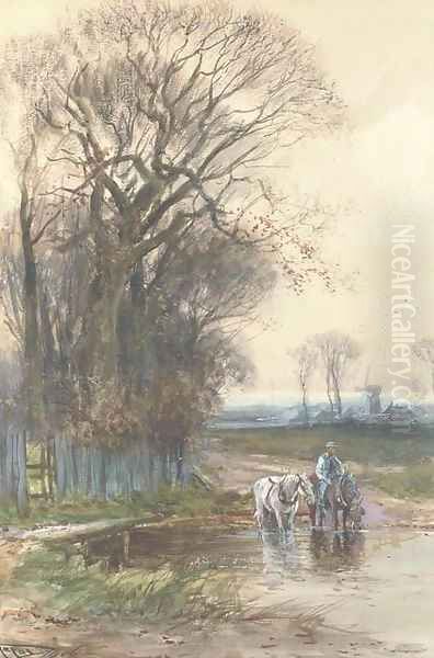 The plough team watering at the ford by Henry Charles Fox