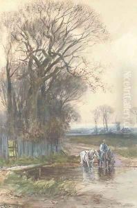 The plough team watering at the ford by Henry Charles Fox