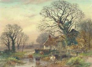Cattle crossing a ford at Fordingbridge, Hampshire by Henry Charles Fox