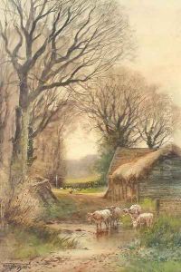 Cattle watering by a barn by Henry Charles Fox