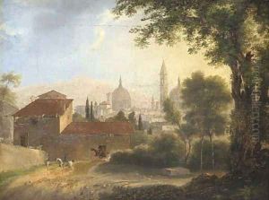 A view of Florence with horsemen on a track in the foreground