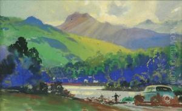 Landscape Withcar In The Lake
District Gouache 18cm X 29.5cm Charles E. Turnerwas An Official War
Artist, And Contracted To Dunlop Rubber Companycirca 1935-1950 As An
Advertising Artist - view 1