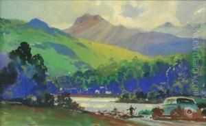 Landscape Withcar In The Lake 
District Gouache 18cm X 29.5cm Charles E. Turnerwas An Official War 
Artist, And Contracted To Dunlop Rubber Companycirca 1935-1950 As An 
Advertising Artist