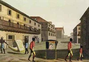 Liveried slaves carrying a sedan chair Brazil from Le Costume Ancien et Moderne by Paolo Fumagalli