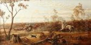 A Stockman On A White Horse Driving Sheep With His Dog