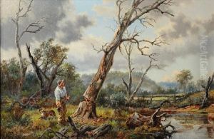 A Man Felling A Tree In A Wooded Landscape by James Alfred Turner