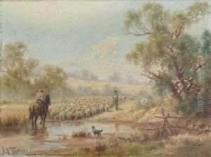 A Flock Crossing A Ford; The Broken Fence, A Pair by James Alfred Turner